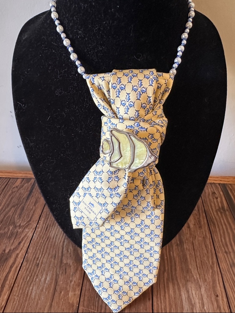 Yellow & Blue silk fish Necktie Fish Brooch, pearl and blue crystal necklace